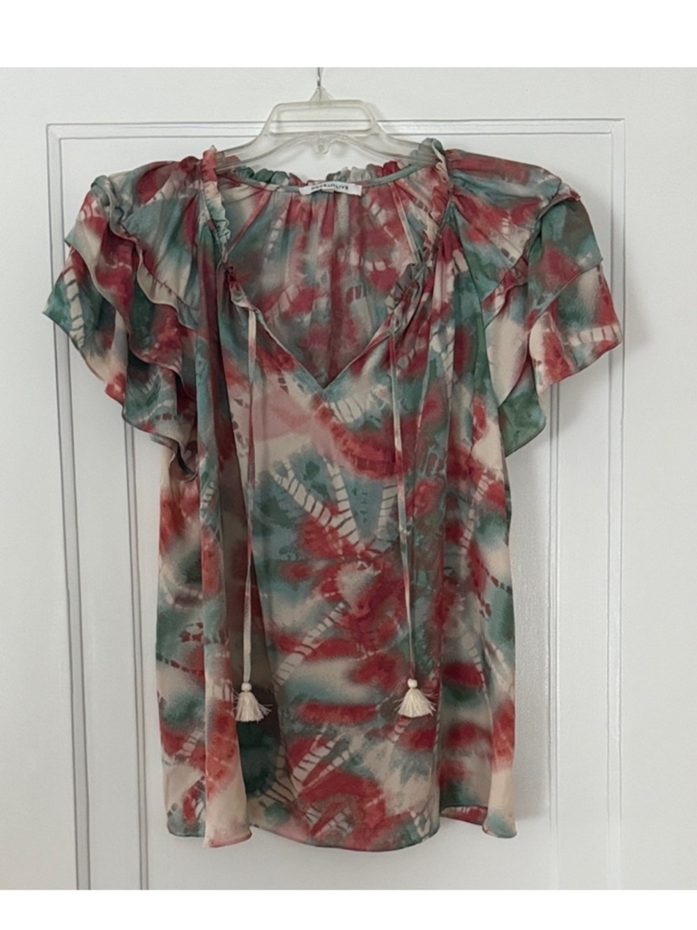 Rose + Olive 1X Tie Dye Blouse | Flutter Sleeve Boho Tassel Tie Top